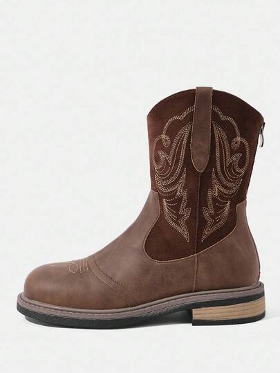 Styleloop 女士棕色复古刺绣西部牛仔靴，厚底，舒适百搭中筒靴