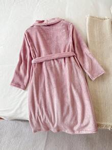 SHEIN 女童毛绒阻燃法兰绒睡袍，休闲简约长袖浴袍家居服，秋冬 - 粉色 - 查看 2