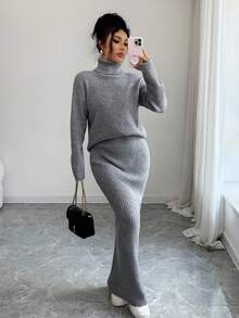Elenzga 2 件套女士经典罗纹休闲针织毛衣套装，秋冬 - 灰色 - 查看 5