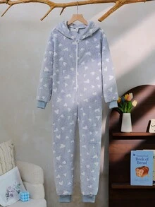 女童爱心图案抓绒连帽连体衣，浅蓝色，长袖，长款，秋冬款 - 藍色 - 查看 3