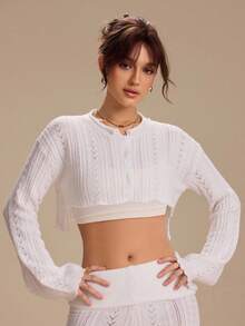Glamine Charm Women's White Long Sleeve Cropped Exposed Waist Round Neck Button Elegant Knit Cardigan Sweater - White - View 5