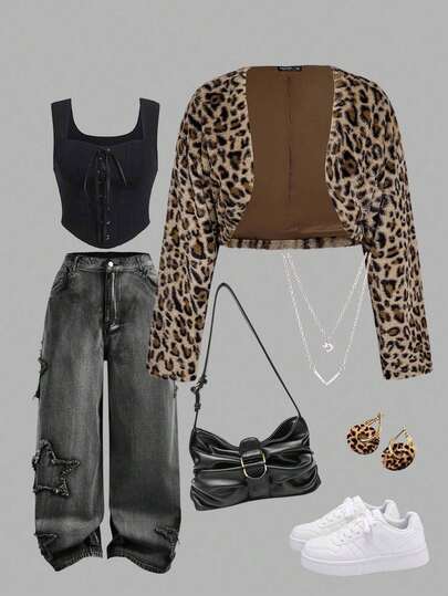 SHEIN MOD Abrigo corto de piel sintética con estampado de leopardo de talla grande, abrigo de piel sintética de invierno, estampado de piel de leopardo retro