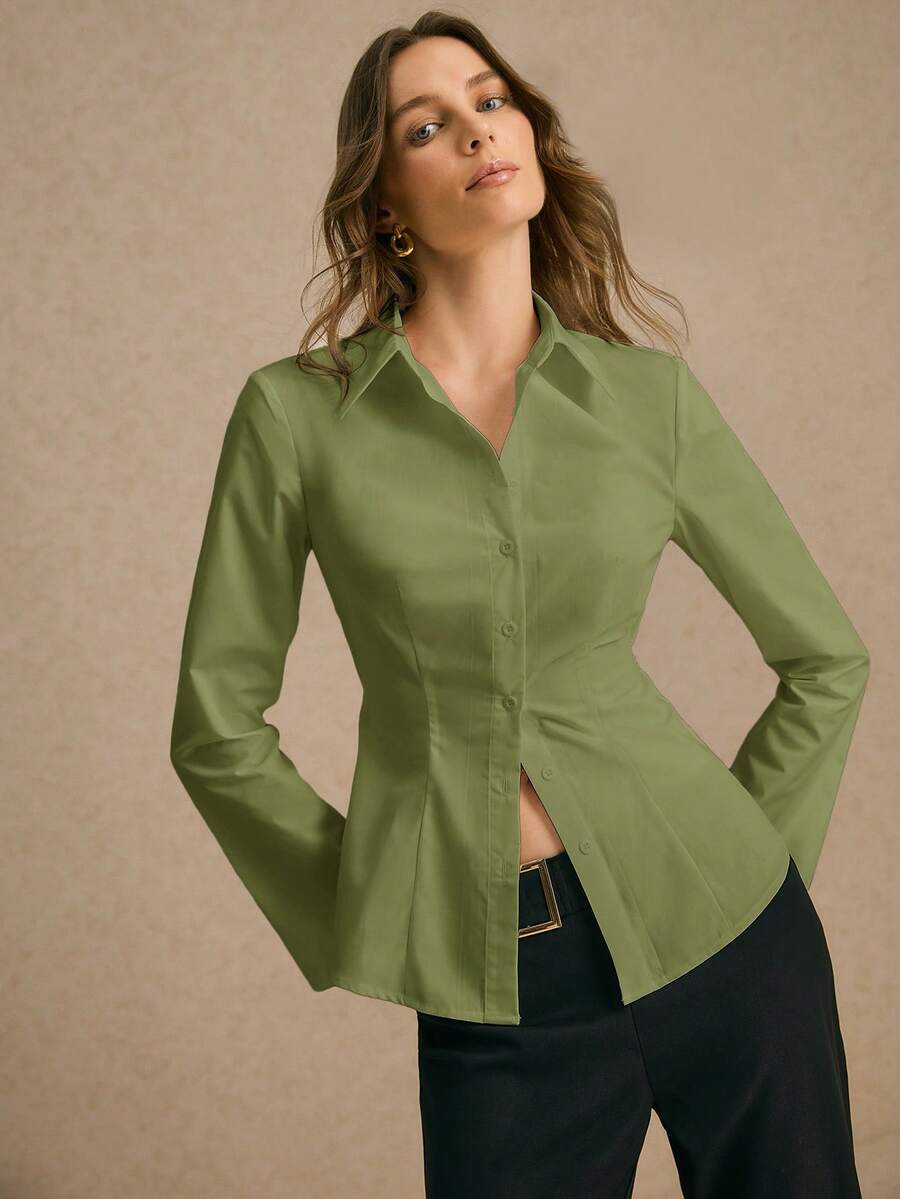 Poéselle 女士抽绳腰优雅前扣长袖休闲衬衫、棉质衬衫、工作衬衫、女士办公室服装、工作服、商务休闲女士、长袖衬衫、正装上衣、秋季女装、商务女士正装、适合工作场所正式场合、优雅外出、办公室警笛风格 - 綠色 - 查看 1