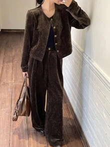 DAZY 2 件套女士秋冬灯芯绒宽松商务休闲办公室服装，金属扣装饰开衫衬衫和直筒裤套装 - 棕色 - 查看 3