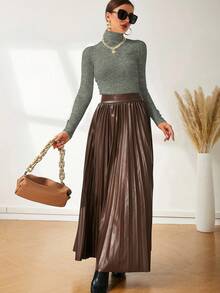 Modelyn 纯色高领合身纽扣装饰优雅长袖套头衫 - 灰色 - 查看 4