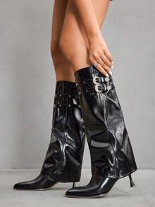 CUCCOO SZL Women's Pointed Toe Buckle Design Fashion Slim High Heel Knee-High Boots For Christmas - Black - View 5