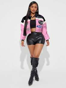 Radiana Women's Letter Print Color Block Short PU Leather Jacket, Motorcycle/Racing/Pilot Jacket, Versatile Outerwear For Autumn/Winter Jacket Y2k Baddie Outfit Jacket Women Racing Jacket Y2k Jacket Racer Jacket Pink Jacket Cropped Jacket