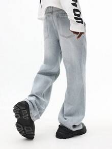 SUMWON Classic Wide Leg Light Wash Denim Jeans Premium Straight Cut High Rise Retro Style Streetwear Pants With Chunky Platform Shoes Fall Winter Collection Plain - Blue - View 2