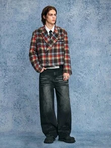 ROMWE MEN Spring Casual Graphic Men'S Retro Mandarin Collar Single-Breasted Plaid Jacket, Autumn/Winter - Red - View 6