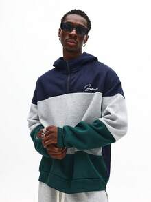 SUMWON Sudadera con capucha de media cremallera con bloqueo de color, logotipo bordado con cordón, ropa casual de calle para otoño e invierno - Azul - Ver 5
