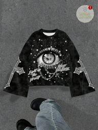 Manfinity ZONE917 OEM Digital Full Print Loose Cropped Flare Sleeve T-Shirt Gothic Print Top