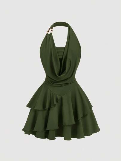 SHEIN MOD Vintage 70s Asymmetrical Mini Dress With Ruffle Details, Halter Neck, Beaded Decoration, Layered Cake Hem, And Draped Collar - Y2K Inspired, Perfect For Island Vacations, Parties, Dates, Birthday Celebrations, Afternoon Teas, And Festivals!