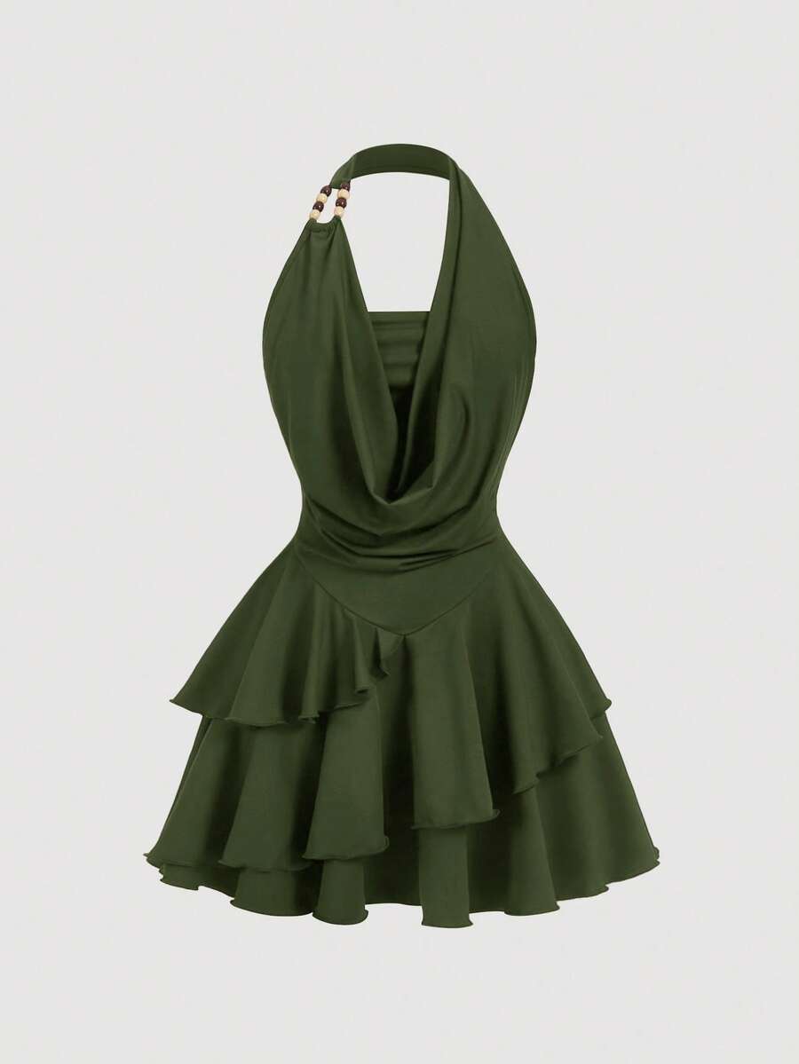 SHEIN MOD Váy ngắn bất đối xứng cổ điển thập niên 70 với chi tiết xếp nếp, cổ yếm, trang trí hạt cườm, viền bánh nhiều lớp và cổ áo xếp nếp - Lấy cảm hứng từ Y2K, hoàn hảo cho kỳ nghỉ trên đảo, tiệc tùng, hẹn hò, tiệc sinh nhật, tiệc trà chiều và lễ hội! - xanh quân đội - Xem 1
