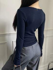 DAZY Áo khoác cardigan dáng ôm cổ tròn họa tiết gân đơn giản tay dài cho nữ, quần áo mùa thu cho nữ - Màu xanh hải quân - Xem 5