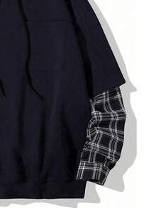 Claim Dot Loose Fit Men Plaid Patched Sleeve Drop Shoulder Drawstring Hoodie, Navy Blue Dark Academia Grunge Hoodie, Fall Navy Blue - Navy Blue - View 3