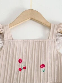 Genkimix Kids 1 件复古休闲修身独特樱桃印花连体裤，适合夏季户外和学校 - 杏色 - 查看 6