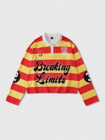 Street Life Maglietta a maniche lunghe con collo alla polo, con stampa a righe e vestibilità ampia, adatta per l'autunno