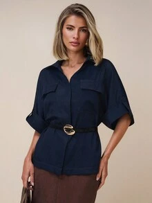 COSMINA Women's Solid Color Cuffed Sleeve Single-Breasted Casual Utility Pocket Shirt - Navy Blue - View 1