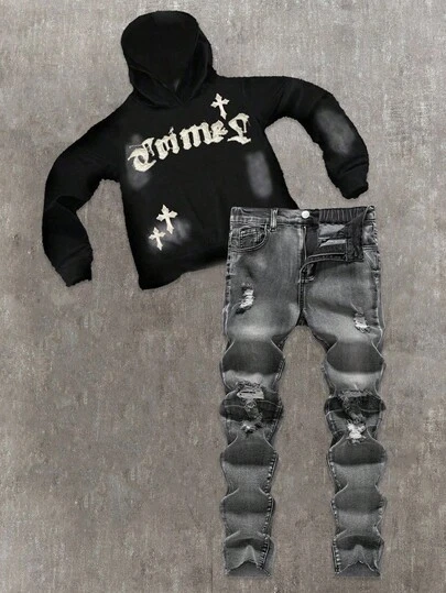 Tween And Teen Boys Fashion Casual Y2k Vintage Cool Street Returns To School College Simple Cut Out Ripped Frayed Basic Comfortable And Elastic Skinny Jeans For Kids Clothes Teen Boys Soft Dailywear And Kids Summer And Fall Rave Outfits Festival And Beach Outfits Streetwear School Clothes Winter