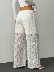 SHEIN PETITE 娇小女士花卉蕾丝弹力腰直筒优雅长裤，优雅女士，感恩节女士必备，蕾丝风格百搭高端休闲风 - 白色 - 查看 2
