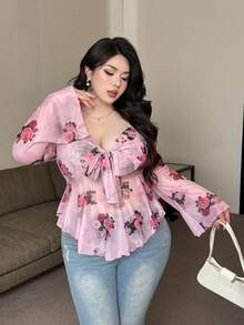 Vionelle 大码女式花卉印花系带修身休闲长袖T恤
