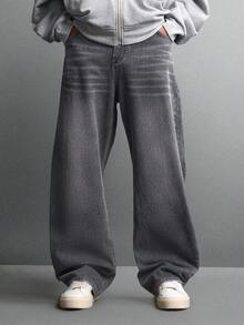 SUMWON Essential Barrel Fit Denim Jeans Classic Relaxed Wide Leg Straight Cut Casual Streetwear Raw Hem Versatile Everyday Wear