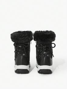 JNSQ 1双儿童/青少年黑色卡通雪花时尚保暖雪地靴，带魔术贴，舒适休闲冬季靴，适合日常穿着和运动（图案随机） - 黑色 - 查看 9