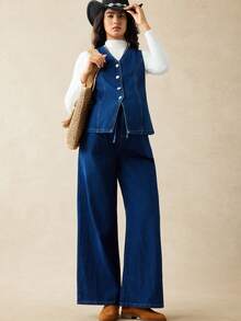 SHEIN Maternity Fall Autumn Winter Halloween Christmas Y2k Cute Streetwear Business Casual Woman Country Vintage Modest Old Money Business Casual Woman Work Clothes V-Neck Single-Breasted Vest And Wide-Leg Jeans 2 Pieces Casual Set Women's Denim Sleeveless Vest And Wide-Leg Pants Set For Casual Chic Style Stylish Loose-Fit Dark Blue Denim Outfit With Button-Up Vest For Everyday Wear - Blue - View 1