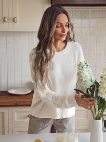 Louniche 柔软蓬松单肩圆领毛衣，秋冬 - 白色 - 查看 6