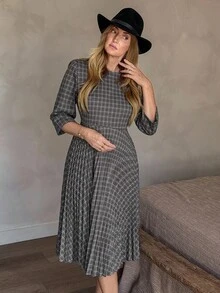 Vivie Lora Women's Elegant Plaid Round Neck Pleated Mid-Length Dress, Suitable For Commuting Dress - Grey - View 5