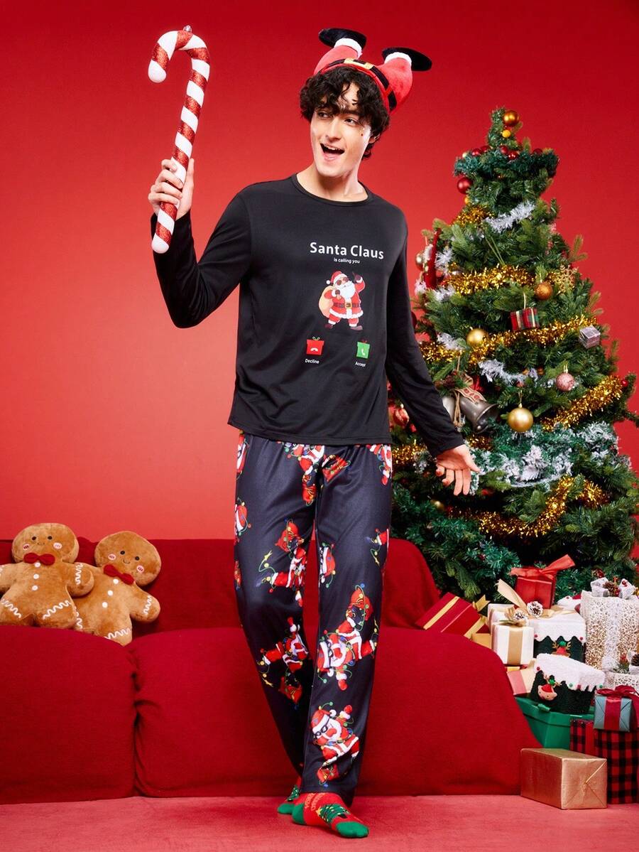Notgurli Playful Y2K Comfortable Santa Claus Print Men's Loungewear Bottoms, Quality, Cute, Easy Comfort, Christmas - Red and White - View 1