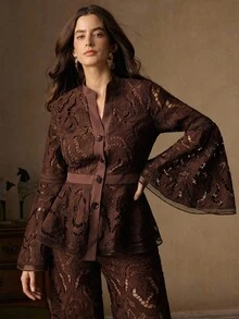 Anewsta Romantic Elegant Hollow Rose Floral Flare Sleeve V-Neck Women Jacket - Coffee Brown - View 3
