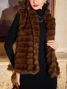 Vintamour Chaqueta de fiesta elegante y vintage de mujer con piel sintética, chaleco de piel sintética esponjoso con cuello ajustado para otoño/invierno