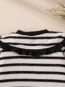 SHEIN Baby Girl Khaki & Beige Striped Long Sleeve Dress With Big Lapel Collar, Cute Peter Pan Collar Casual Everyday Dress For Autumn/Winter - Black - View 4