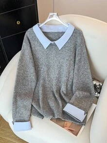 SHEIN Clasi Plus Size Colorblock Patchwork Knit Sweater, Casual For Autumn/Winter - Grey - View 6