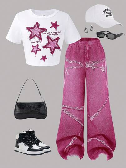 SHEIN Sparklyn 2 件套女孩街头时尚休闲百搭坏蛋风格星星图案贴花修身短款针织 T 恤 + 牛仔印花宽松长裤套装