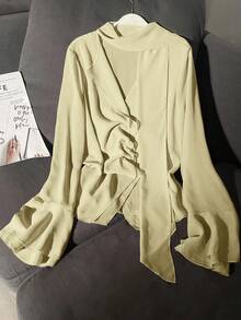 Modelyn 女式不对称雪纺飘逸领带设计衬衫 - 淡黃色 - 查看 3