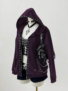 Sunspun Plus Size Fashionable Dark Punk Style Rivet Decor Hooded Long Sleeve Sweatshirt Jacket - Purple - View 3