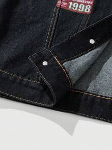 ROMWE MEN Prep 男士休闲字母图案纽扣牛仔夹克，秋季 - 黑色 - 查看 5