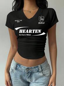 Attitoon 女士休闲V领褶皱T恤，适合夏季 - 黑色 - 查看 4