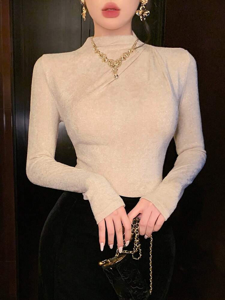 Women's Solid Color Fitted Pleated Mock Neck Long Sleeve Casual Base Layer T-Shirt, Autumn/Winter