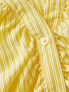 SHEIN MOD Camisa de mujer talla grande con mangas acampanadas, cintura ceñida y rayas amarillas y blancas