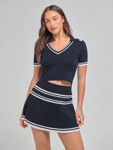 Menodora SHEIN Sport Women's Fashion Contrast Trim V-Neck Short Sleeve Knit Top And Mini Skirt 2 Pieces Set, Summer - Royal Blue - View 3