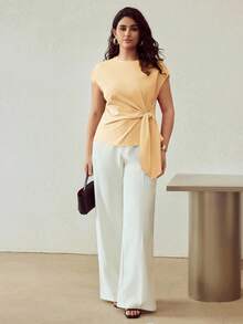 PREMIUM 大码简约基本款系带蝙蝠袖针织T恤 - 黃色 - 查看 4