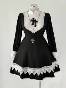 Sunspun Vestido de manga larga minimalista de dama con elegante ribete de encaje de color contrastante