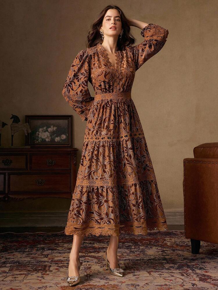 Vestido largo con mangas de farol, cuello en V, encaje calado, bordado de terciopelo, estilo romántico francés, adecuado para otoño/invierno, Navidad, Año Nuevo, fiestas, elegante, lujoso, formal, chic, Halloween