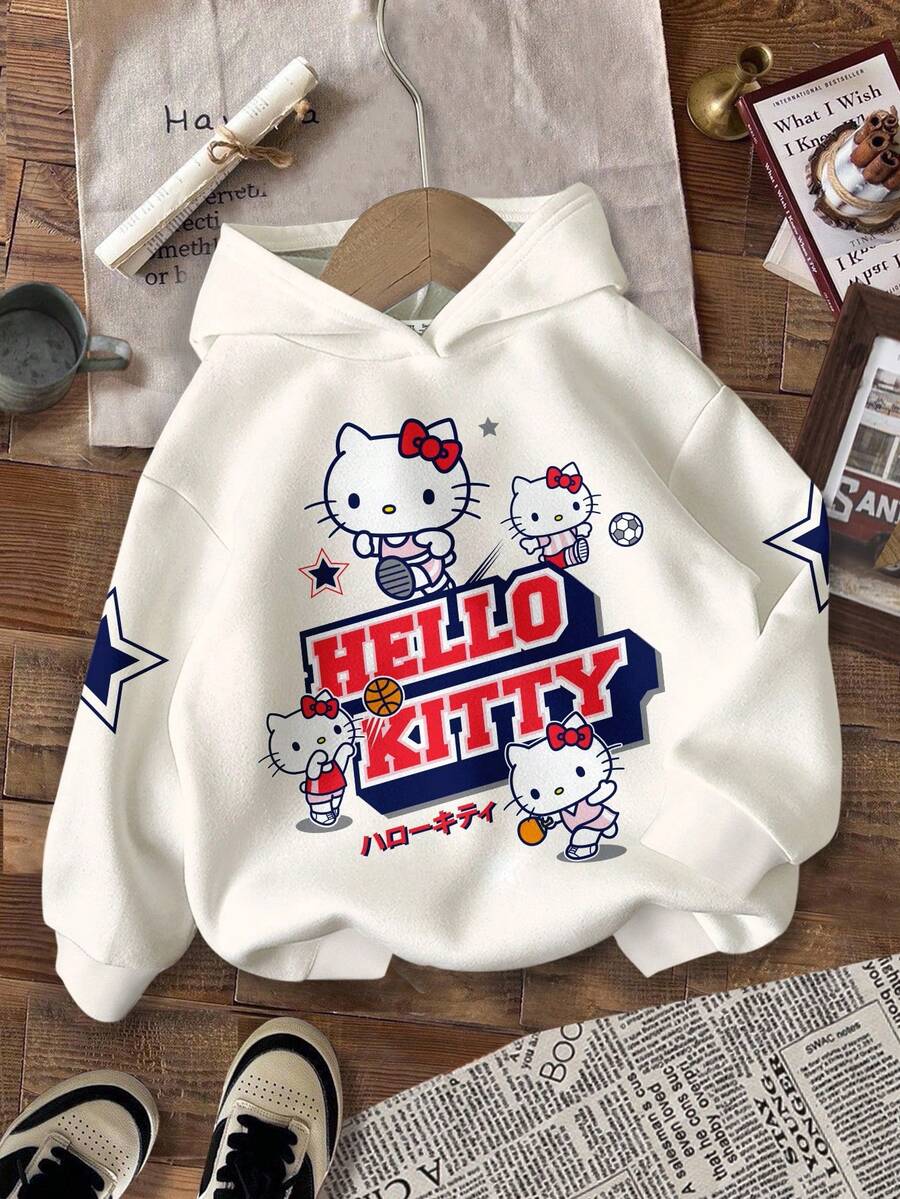 SHEIN Hello Kitty and Friends | Modeflare Wear Casual Loose Fit Kitty Graphic Sweatshirt For Young Girls, Comfortable For Daily Wear, Suitable For Autumn/Winter, Social Occasions, School, And Leisure Gatherings - Multicolor - View 1