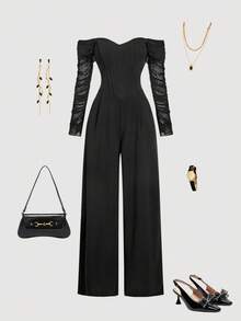 SHEIN MOD Women's Black Off Shoulder Mesh Bustier Jumpsuit,Fall/Winter,Thanksgiving ,Women's Halloween Costume,Vintage,Elegant, Luxury ,Wedding,Luxury Evening Jumpsuit For Weddings,Party,New Year,Black Jumpsuit - Black - View 1