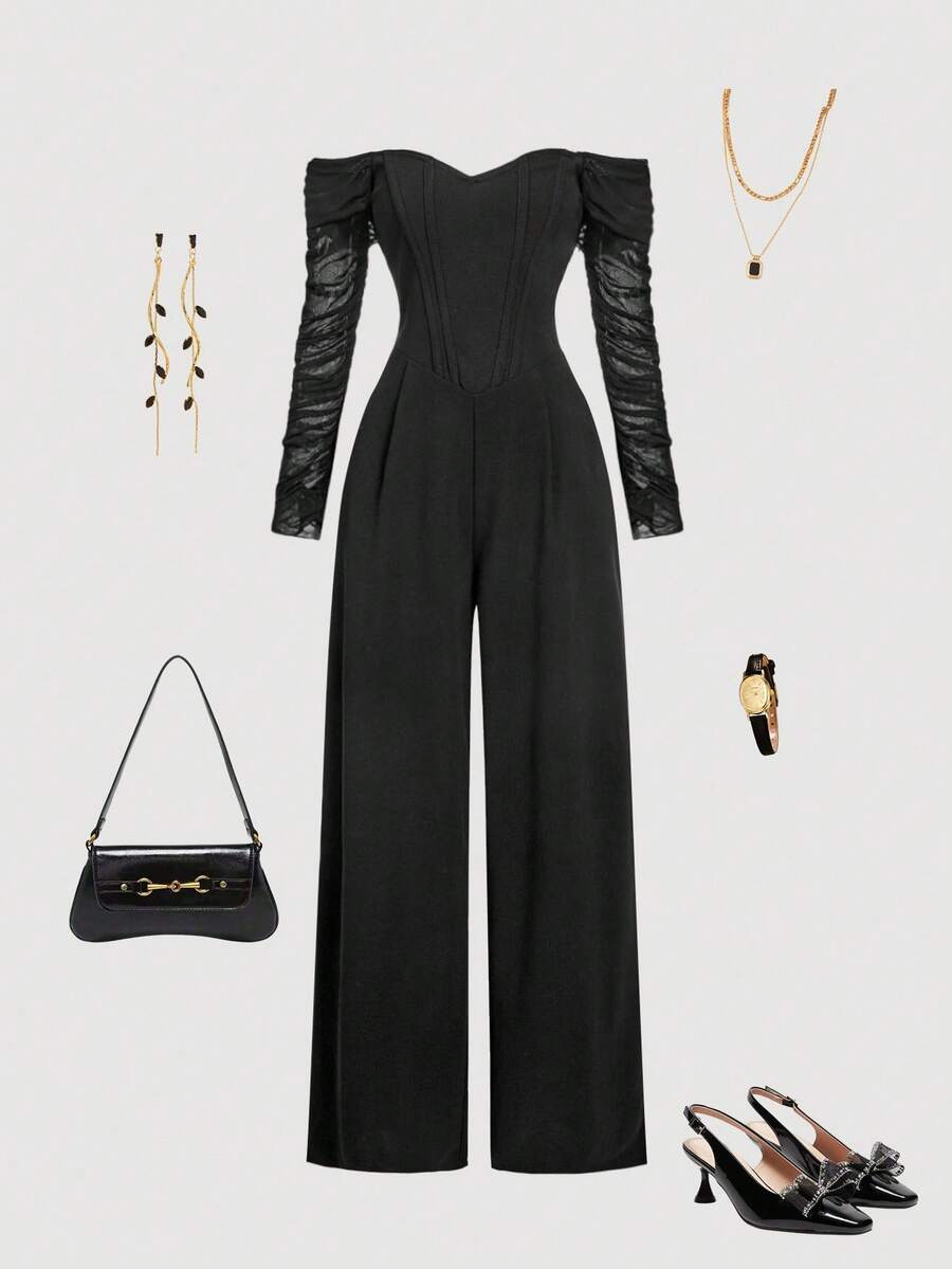 SHEIN MOD Women's Black Off Shoulder Mesh Bustier Jumpsuit,Fall/Winter,Thanksgiving ,Women's Halloween Costume,Vintage,Elegant, Luxury ,Wedding,Luxury Evening Jumpsuit For Weddings,Party,New Year,Black Jumpsuit - Black - View 1