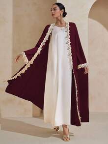 Graceveil Áo khoác cardigan tay dài hở phía trước màu trơn trang trí họa tiết hoa thanh lịch - Màu Đỏ Sâu - Xem 6